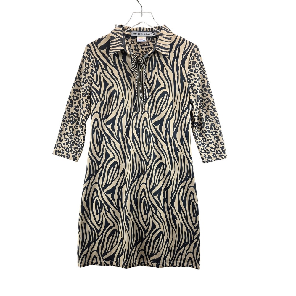 Gretchen Scott Mixed Animal Print Zebra Leopard Shift Dress Tan Black Womens M